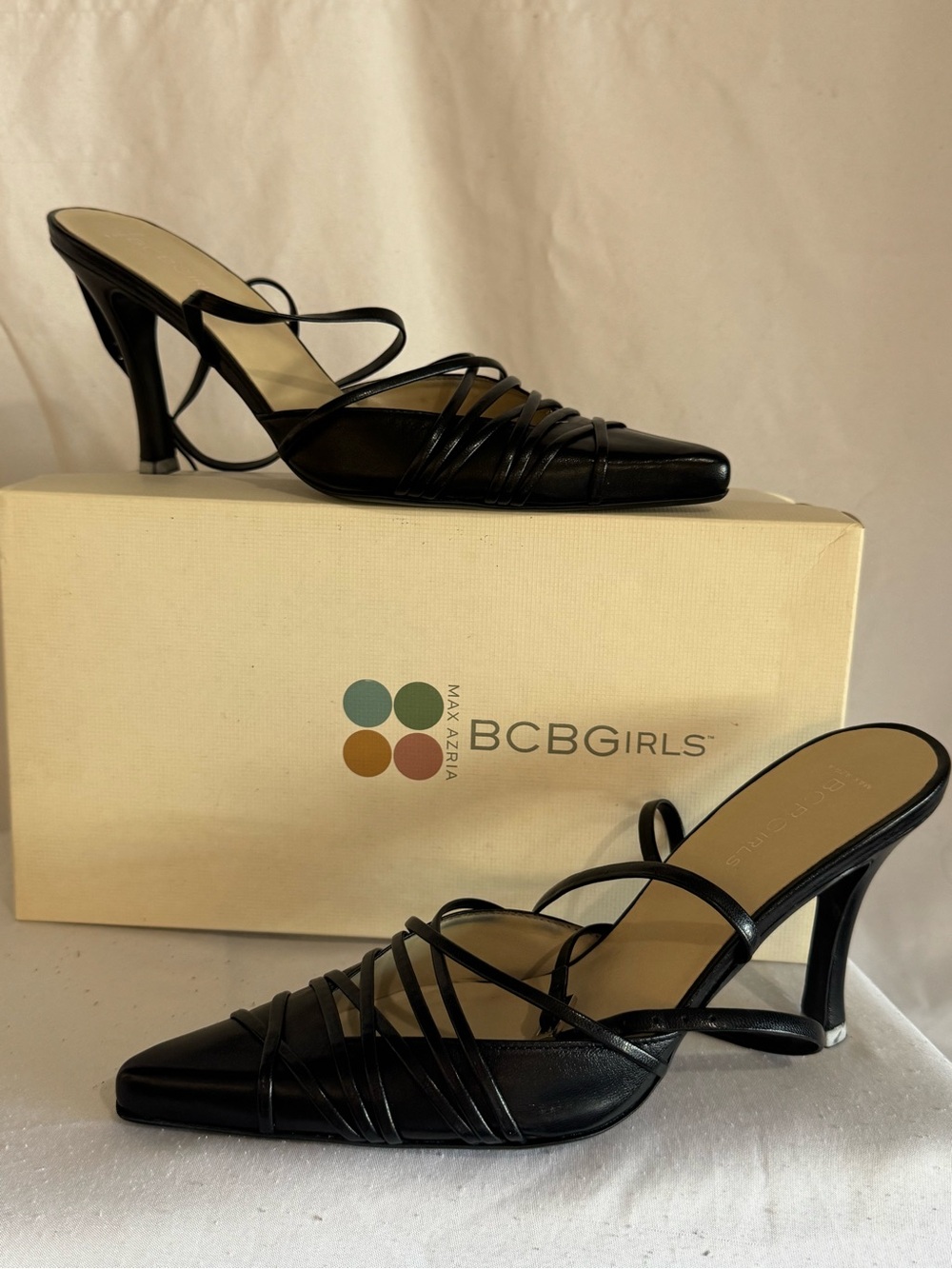 Vintage BCBGirls "Gilly-K" Black Strappy Pointed-Toe Heels